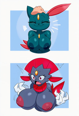 anthro areola big_breasts blush breast_expansion breasts disembodied_hand duo evolution expansion eyes_closed female huge_breasts nipples nude simple_background solo_focus surprise hellsonger nintendo pokemon generation_2_pokemon generation_4_pokemon pokemon_(species) sneasel weavile 2025 hi_res