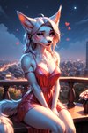 <3 anthro balcony big_ears blue_eyes blush breasts city city_background clothed clothing dress female fur hair night scenery shy sitting sky solo star starry_sky white_body white_fur white_hair director_elkkue canid canine fox mammal hi_res