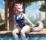 anthro blush canid canine clothing female fur hair hi_res looking_at_viewer mammal one-piece_swimsuit outside seductive smile solo swimwear traialas white_body white_fur