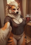 anthro arcanine areola beverage big_breasts blush bottomless breasts canid cerinil cleavage clothed clothing coffee coffee_cup container cup female fur generation_1_pokemon genitals hi_res looking_at_viewer mammal nipple_outline nipples no_underwear peach_pussy pokemon_(species) pubes pussy selfie shirt solo topwear translucent translucent_clothing