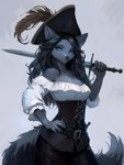 anthro belt black_hair black_nose blouse blue_eyes breasts clothed clothing corset eyebrows eyelashes feathers female fluffy fluffy_tail frilly grey_body hair holding_object inner_ear_fluff lingerie melee_weapon nails off_shoulder pirate pirate_hat simple_background sword topwear tuft wavy_hair weapon white_clothing white_topwear sappy_(director) canid canine canis mammal wolf absurd_res hi_res shaded