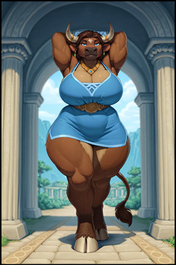 anthro belly belt big_breasts black_lips blue_eyes breasts brown_body brown_fur brown_hair clothing dress ear_piercing ear_ring female front_view fur gold_(metal) gold_jewelry hair hands_behind_head horn jewelry lips long_hair mountains muscular_legs necklace piercing pillars ring_piercing smile solo standing tail teeth temple thick_thighs tight_dress walking wide_hips homer_26 warcraft bovid bovine cattle humanoid mammal tauren full-length_portrait hi_res portrait
