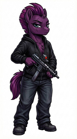 anthro boots bottomwear broken_horn clothing denim denim_clothing female footwear fur gun hair handgun hoodie horn jacket jeans mane nano_banana nano_banana_pro pants pistol purple_body purple_fur purple_hair purple_mane purple_tail ranged_weapon scar semi-anthro semi-anthro_legs simple_background solo tail topwear weapon zipper_hoodie greaterfurrymaster friendship_is_magic my_little_pony tempest_shadow_(mlp) equid equine horse mammal pony hi_res