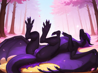 anus black_body black_scales cherry_blossom claws dragon_tail dragon_wings dragoness female feral forest genitals hair horn looking_at_viewer lying lying_on_ground mythology on_back outside plant purple_body purple_eyes purple_hair purple_scales pussy scales solo spread_wings tree wings nezalith dragon mythological_creature mythological_scalie scalie western_dragon hi_res