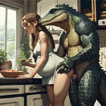 animal_genitalia anthro bodily_fluids cloaca cloacal_penis clothed clothing cooking cum duo female food from_behind_position genital_fluids genitals inside male male/female partially_clothed pregnant sex side_view hyperion crocodile crocodilian crocodylid human mammal reptile scalie