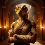 anthro arm_wraps bandage bandages breasts clothing crossed_arms female gold_(metal) gold_body gold_scales looking_at_viewer scales smile smirk smirking_at_viewer smug smug_face solo temple wraps yellow_eyes omgechounknown lizard lizardman reptile scalie hi_res