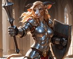 abs anthro armor clothing female hair holding_object holding_weapon long_hair plate_armor shield solo weapon ivorymane antelope bovid gazelle mammal watermark