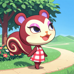 anthro blue_eyes checkered_clothing chibi clothed clothing day dress female grass looking_aside mirakelpung outside pattern_clothing plant solo tree animal_crossing nintendo pecan_(animal_crossing) mammal rodent sciurid tree_squirrel
