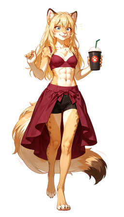 4_toes 5_fingers abs anthro athletic athletic_anthro athletic_female barefoot beverage biped blep blonde_hair blue_eyes blush bottomwear bra breasts chest_tuft claws cleavage clothed clothing container countershading cup digitigrade dipstick_tail feet female finger_claws fingers fluffy fur hair holding_beverage holding_cup holding_object inner_ear_fluff long_hair looking_at_viewer markings midriff multicolored_body multicolored_fur muscular muscular_female navel pawpads paws pink_nose red_bra red_clothing red_underwear shorts simple_background small_breasts smile solo spandex spandex_shorts sports_bra spots spotted_body spotted_fur standing tail tail_markings tan_body tan_fur tight_bottomwear tight_clothing tight_shorts toe_claws toes tongue tongue_out topwear tuft underwear white_background white_body white_fur yellow_body yellow_fur crashbandit felid feline mammal comfyui_(software) digital_media_(artwork) hi_res nai-diffusion-4-full_(model) novaflatxl_(model) prompt_metainfo shaded