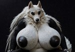 anthro belly big_breasts black_background black_nipples black_nose bracelets breasts deep_navel female fur hair inner_ear_fluff navel neck_tuft nipples overweight overweight_anthro overweight_female simple_background solo tuft white_body white_fur white_hair white_inner_ear_fluff cow_of_fire canid canine canis giant_panda hybrid mammal ursid wolf tail