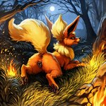 anatomically_correct anatomically_correct_genitalia anatomically_correct_pussy animal_genitalia animal_pussy anus butt canid canine canine_genitalia canine_pussy eevee_k eeveelution feet female feral fire flareon fluffy fluffy_tail forest generation_1_pokemon genitals looking_at_viewer looking_back looking_back_at_viewer mammal moon neck_fluffy night pawpads paws plant pokemon_(species) presenting presenting_hindquarters pussy seductive solo tree