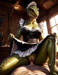 anthro anthro_penetrated argonian clothed clothing clothing_lift cowgirl_position dress dress_lift duo female female_on_top first_person_view from_front_position genitals green_body green_scales green_skin hi_res human human_on_anthro human_penetrating human_pov inside interspecies lichking127 looking_at_viewer low-angle_view lying maid_hat maid_headdress maid_uniform male male/female male_pov mammal medieval no_underwear on_back on_bottom on_top open_mouth partially_clothed penetration pussy reptile scales scalie sex skyrim uniform vaginal yellow_eyes