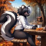 anthro autumn bench black_body black_fur black_hair black_tail bottomless breakfast clothed clothing female forest fur furniture hair hoodie looking_at_viewer multicolored_body multicolored_fur multicolored_hair orange_eyes outside plant sitting smile solo table topwear tree two_tone_body two_tone_fur two_tone_hair two_tone_tail white_body white_fur white_hair white_tail neutron_alchemist mammal mephitid skunk