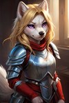 anthro armor blonde_hair female fur hair knight long_hair purple_eyes serious_face solo warrior white_body white_fur mindry olissa canid canine canis mammal wolf