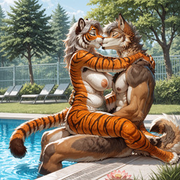 5_toes anthro armpit_hair arms_around_neck black_claws black_pubes body_hair breasts cat_nose chest_tuft chubby_female claws duo embrace eyes_closed facial_markings feet female fence flower from_front_position fur grass grey_hair hair head_markings hug implied_sex kissing lotus_(flower) lotus_position male male/female markings mature_anthro mature_female muscular muscular_anthro muscular_male nipples on_lap orange_body orange_fur outside plant pool pool_chair poolside pubes sagging_breasts sex silver_hair sitting sitting_on_another sitting_on_ground sitting_on_lap slightly_chubby striped_body striped_fur striped_markings striped_tail stripes tail_markings tan_body tan_fur toes tongue tree tuft waist_grab water white_body white_fur whigwham canid canine canis coyote felid mammal pantherine tiger absurd_res hi_res