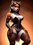 anthro armwear brown_hair canid canine clothing corset danton female fox fox_tail fur hair legwear lingerie looking_at_viewer mammal multicolored_body orange_body orange_fur solo thong topwear underwear