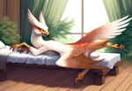 beak bed bedroom bodily_fluids claws feathered_wings feathers furniture light looking_back on_bed pupils saliva slit_pupils sunlight white_body white_feathers wing_claws wings forsaken avian gryphon mythological_avian