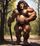 anthro balls belly_button body_hair claws felid flaccid foreskin forest genitals hi_res holding_object lion looking_at_viewer male mammal musclegut muscular muscular_male navel pantherine pecs penis plant sharp_focus simplyai smile smiling_at_viewer solo standing toe_claws tree vein veiny_arm veiny_penis