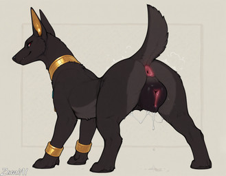 animal_genitalia animal_pussy anus big_butt big_pussy bodily_fluids butt canine_genitalia canine_pussy dripping female feral genital_fluids genitals gold_(metal) gold_jewelry jewelry looking_at_viewer looking_back looking_back_at_viewer musk musk_cloud narrowed_eyes pussy pussy_juice pussy_juice_drip pussy_juice_on_leg pussy_juice_puddle pussy_juice_string quadruped rear_view simple_background smile solo standing zamiai anubis canid canine deity egyptian_mythology mammal absurd_res hi_res