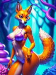 absurd_res anthro bikini breasts canid canine cattorihanzo clothing colorful female fox hi_res mammal medium_breasts nipple_outline seductive solo stable_diffusion standing swimwear