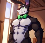 abs anthro black_body black_fur frosting.ai fur green_bowtie green_eyes male muscular muscular_male solo the_return_to_freddy's candougie buster_(trtf) lagomorph leporid mammal rabbit