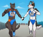 anthro athletic athletic_male blush clothing crop_top crowd duo eyewear eyewear_on_head group hand_holding male male/male running shirt speedo sunglasses sunglasses_on_head swimwear topwear triathlon gusc3 canid canine canis domestic_dog felid husky mammal nordic_sled_dog pantherine spitz