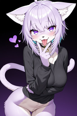 <3 alternate_species anthro arm_under_breasts claws clothing collar crotch_tuft female fur furrification gesture gradient_background hair hair_between_eyes inner_ear_fluff long_sleeves neck_tuft nekomata_okayu pantsless purple_body purple_eyes purple_fur purple_hair shirt simple_background solo tongue tongue_out topwear tuft v_sign cpt_d hololive domestic_cat felid feline felis mammal hi_res