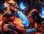 animal_genitalia animal_penis anthro balls big_balls big_penis black_body blue_balls burning cave cavern detailed_scales erection fire genitals glowing glowing_body glowing_eyes glowing_genitalia glowing_mouth glowing_penis hand_on_knot hand_on_penis holding_penis horn knot lava lava_bath leaning leaning_back looking_at_viewer lying male multicolored_body muscular muscular_male non-mammal_balls nude on_back penis presenting provocative red_body scales scaly_body sheath sitting solo spread_legs spreading suggestive suggestive_look two_tone_body notte demon dragon elemental_creature fire_creature detailed hi_res