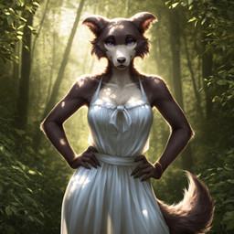 backlighting black_nose bracelet breasts brown_body brown_fur cheek_tuft claws clothed clothing day detailed_background dress facial_tuft female finger_claws fingers forest front_view fully_clothed fur hands_on_hips jewelry light looking_at_viewer multicolored_body multicolored_fur nature outside plant purple_eyes smile solo standing sunlight tail tree tuft white_body white_clothing white_dress white_fur unknown_director beastars juno_(beastars) canid canine canis mammal wolf hi_res lighting portrait three-quarter_portrait