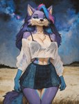 anthro blue_body blue_eyes blue_fur blue_markings bottomwear bra breasts cleavage clothed clothing cosmic_background female field fur markings navel outside purple_body purple_fur skirt solo star translucent translucent_clothing underwear ascella_(director) ascella_nadir canid canine canis mammal wolf absurd_res hi_res painting_(artwork) traditional_media_(artwork)