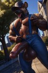 absurd_res anthro balls big_balls big_penis bodily_fluids bottomwear breath city clothed clothing code_0_0 collar genital_fluids genitals hair hair_over_eyes hat headgear headwear hi_res huge_pecs hyaenid male mammal muscular muscular_anthro muscular_male open_bottomwear open_clothing open_mouth open_pants panting pants park pecs penis precum presenting solo spotted_hyena suspenders sweat sweaty tongue tongue_out