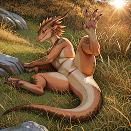 4_toes anatomically_correct anatomically_correct_genitalia animal_genitalia anthro brown_body brown_scales cloaca feet female genitals horizontal_cloaca horn presenting presenting_pussy pussy scales solo spread_legs spreading tail toes director_zerumi zafri kobold scalie