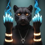 amber_eyes anthro black_body black_fur black_nose blue_fire colored_fire female fire fur glowing inner_ear_fluff jewelry looking_at_viewer simple_background solo tuft whiskers ilmpbx felid mammal pantherine hi_res