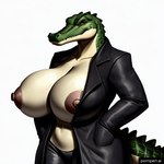 anthro big_breasts bottomwear breasts clothed clothing coat female huge_breasts looking_at_viewer nipples non-mammal_nipples orange_eyes pants pink_nipples pornpen.ai simple_background solo standing tail topwear trenchcoat white_background cow_of_fire alligator alligatorid crocodilian reptile scalie 1:1 shaded