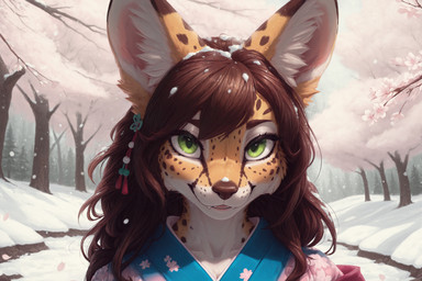 accessory anthro asian_clothing big_ears brown_body brown_fur brown_hair cheek_tuft cherry_blossom cherry_blossom_tree cherry_tree clothed clothing east_asian_clothing evergreen_tree facial_tuft female front_view fruit_tree fur green_eyes hair hair_accessory inner_ear_fluff japanese_clothing kimono looking_at_viewer open_mouth outside pine_tree plant smile snow snow_on_character snowing solo tan_body tan_fur tree tuft white_body white_fur sparagmos felid feline mammal serval 2025 absurd_res bust_portrait hi_res portrait