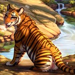 1:1 <3 anus black_stripes bodily_fluids colored countershading detailed detailed_background felid female feral fur genital_fluids genitals hi_res looking_at_viewer lungfish1223 mammal nature nature_background orange_body orange_eyes orange_fur pantherine pussy pussy_juice pussy_juice_puddle river solo striped_body striped_fur stripes tiger tongue tongue_out white_body white_countershading