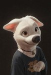 anthro anthrofied black_nose brown_eyes clothed clothing collar fur looking_at_viewer male shirt simple_background smile solo topwear white_body white_fur anonymous_director bolt_(film) bolt_(bolt) canid canine canis domestic_dog herding_dog mammal pastoral_dog bust_portrait portrait