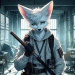 anthro blue_eyes canid canine fennec fox fur lucifluffy male mammal melee_weapon solo sword techwear weapon white_body white_fur wilek