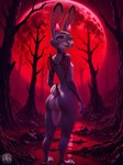 anthro breasts ears_up female grin looking_at_viewer looking_back looking_back_at_viewer membrane_(anatomy) membranous_wings moon nude_female plant rear_view red_light red_sky sky small_breasts smile solo standing tree wings zootopia dem_curves_(director) judy_hopps demon lagomorph leporid mammal rabbit succubus absurd_res hi_res