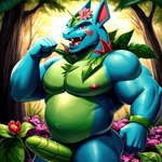 anthro balls belly flower forest generation_1_pokemon genitals hi_res male nipples pecs penis plant pokemon pokemon_(species) pup_tobey solo tree vein veiny_penis venusaur