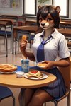 anthro black_hair bottomwear breakfast brown_eyes chair classroom clothing dark_brown_fur desk female furniture hair necktie round_ears school school_uniform sitting skirt solo straight_hair table teenager uniform young young_female hellapoc deni lutrine mammal mustelid