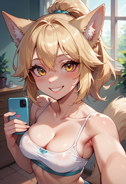 5_fingers blonde_hair bra breasts cleavage clothed clothing detailed_background female fingers front_view golden_eyes hair looking_at_viewer pupils selfie solo sports_bra standing underwear wolf_ears wolf_tail vexy_paws_(director) vexy canid canine canis human humanoid mammal wolf hi_res