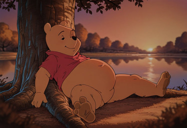 against_natural_surface against_surface against_tree anthro belly big_belly bottomless clothed clothing featureless_crotch feet forest fur half-closed_eyes lake lakeside lying male narrowed_eyes on_back outside pawpads plant plushie red_clothing red_shirt red_topwear relaxing shirt smile solo spread_legs spreading sunset topwear tree water yellow_body yellow_fur boxen549 winnie_the_pooh_(franchise) pooh_bear animate_inanimate living_plushie mammal ursid ursine