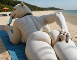 anthro back barely_visible_genitalia barely_visible_pussy beach butt butt_grab choker claws collar female food fur genitals hand_on_butt jewelry laying licking looking_at_viewer looking_back necklace nude photorealism popsicle pussy realistic realistic_lighting rings sand seaside solo tongue tongue_out towel white_body white_fur wrinkles nnam_si3 mammal polar_bear ursid ursine hi_res