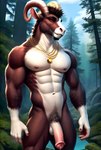 anthro bedroom_eyes big_penis bodily_fluids brown_hair forest genital_fluids genitals hair hands horn jewelry male muscular muscular_male narrowed_eyes necklace penis plant precum red_eyes red_horn seductive solo solo_focus tree nikfur r0t equid equine horse mammal absurd_res hi_res