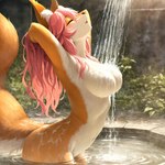 bath bathing big_breasts black_nose blush breasts brown_body brown_fur butt countershade_torso countershading detailed_background eyes_closed female female_anthro fluffy fluffy_tail fur hair hands_behind_head inner_ear_fluff kemono light long_hair multicolored_body multicolored_fur navel nude open_mouth orange_body orange_fur outside partially_submerged pink_hair plant showering side_view skinny_dipping smile solo standing sunlight tail tuft two_tone_body two_tone_fur water waterfall wet wet_body wet_fur white_body white_countershading white_fur unknown_director canid canine fox mammal hi_res shaded
