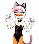 accessory annoyed_expression anthro beak black_clothing bow_tie bunny_costume cat_tail clothing costume disney ducktales ducktales_(2017) eyebrows eyeliner eyeshadow fake_cat_ears fake_ears female frown furrowed_brow hair hair_accessory hairband half-closed_eyes highlights_(coloring) looking_aside makeup narrowed_eyes orange_legs paw_pose pink_highlights pink_tail pose short_hair simple_background solo tuft whiskers white_background white_body white_hair white_skin young cloud9999 lena_(ducktales) anatid anseriform avian bird duck hi_res portrait three-quarter_portrait