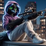 anthro beak black_body black_feathers blue_hair bottomwear city city_background cityscape claws clothed clothing feathers female green_eyes gun hair hoodie looking_at_viewer purple_clothing ranged_weapon rifle smile smug sniper_rifle solo topwear weapon omgechounknown piper_(echounknown) avian bird corvid corvus_(genus) oscine passerine raven