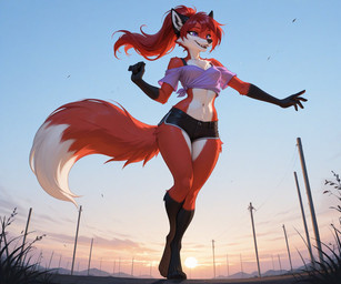 clothing female fur hair smile solo street sunset white_body white_fur ft-27 canid canine fox mammal hi_res