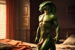 bed bedroom blizzard_entertainment erection furniture green_body green_scales humanoid kauket male orange_eyes reptile scales scalie sethrak snake solo warcraft world_of_warcraft